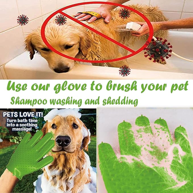 YOFANG Double-Side Pet Hair Removal Gloves for Dogs & Cats,Cat Bite-Proof Gloves Massage and Feeding,4-in-1 Deep Cleaning and Deshedding Brush & Washing Mitt,Suit for Short/Long Hair Pets, (Green)