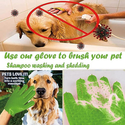 YOFANG Double-Side Pet Hair Removal Gloves for Dogs & Cats,Cat Bite-Proof Gloves Massage and Feeding,4-in-1 Deep Cleaning and Deshedding Brush & Washing Mitt,Suit for Short/Long Hair Pets, (Green)