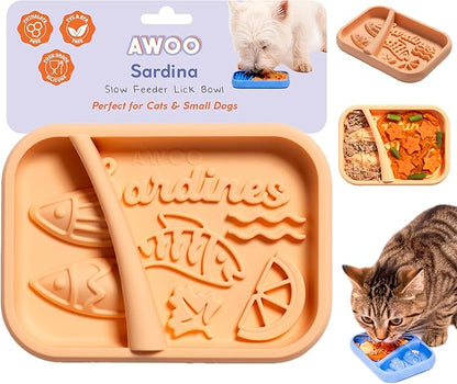 Awoo Sardina - Silicone Dog & Cat Lick Mat + Slow Feeder with Suction Cups - Non-Slip, Dishwasher Safe Pet Dish - Extends Mealtime for Fast Eaters & Reduces Anxiety - for Wet & Dry Food (Melon)