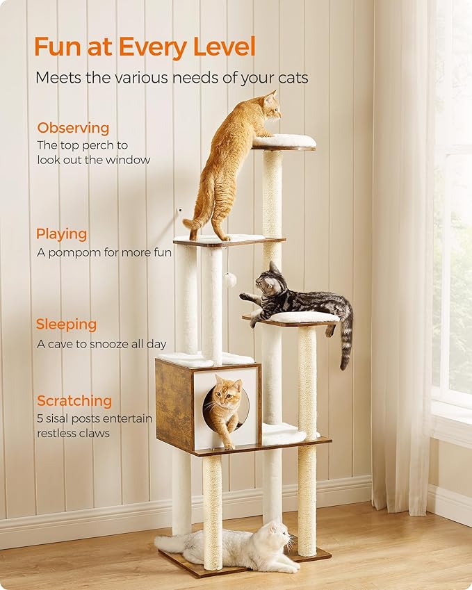 Feandrea Cat Tree, 64.6-Inch Modern Cat Tower, Multi-Level Condo with 5 Scratching Posts, Perch, Washable Removable Cushions, Cave, Rustic Brown UPCT166X01