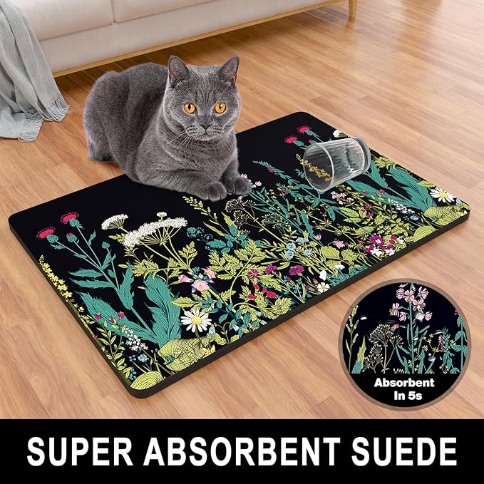 Dog Food Mat, 12" x 19" Absorbent Dog Cat Bowl Mat for Food and Water, Cute Anti-Slip Rubber Pet Feeding Rug Protect Floors, Placemat for Feeding & Watering Supplies, Midnight Flower