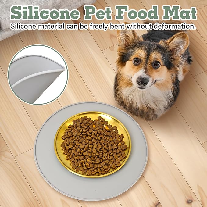 BNOSDM Silicone Cat Feeding Mat 2 Pack Dog Bowl Mats Pet Silicone Food Mat for Food and Water Nonslip Waterproof Feed Mats Round Eating Plate for Small and Medium Cats and Dogs (Light Gray)