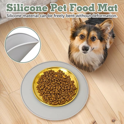 BNOSDM Silicone Cat Feeding Mat 2 Pack Dog Bowl Mats Pet Silicone Food Mat for Food and Water Nonslip Waterproof Feed Mats Round Eating Plate for Small and Medium Cats and Dogs (Light Gray)