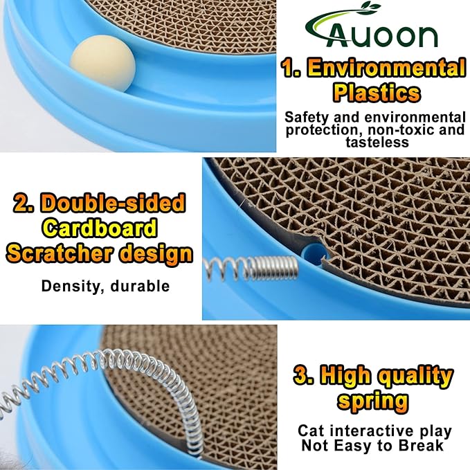 AUOON Cat Scratcher Toy with Ball Track - 3 in 1 Interactive Cat Toy, Cat Scratch Pad with Cat Ball Toy and Plush Cat Mouse Toy for Indoor Cats and Kittens (Blue)
