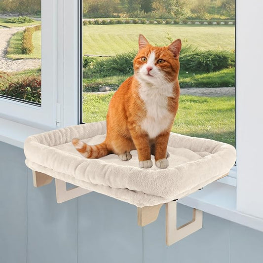 Cat Bed for Window Sill - Cat Window Perch with Bolster and Removable Washable Cover - Window Hammock with Sturdy Wood Frame for Large Cats - Pet Beds for Indoor Cats by PETMAKER (Cream)