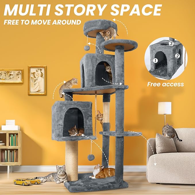 58in Large Cat Tree Tower for Indoor Cats with Soft Plush Hang Ball, Two Condos, Sisal Scratch Posts & Rope Play for Kittens/Adult Cats, Grey