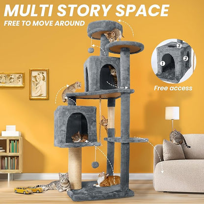 58in Large Cat Tree Tower for Indoor Cats with Soft Plush Hang Ball, Two Condos, Sisal Scratch Posts & Rope Play for Kittens/Adult Cats, Grey