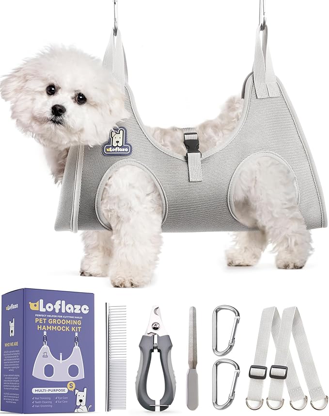 Dog Grooming Hammock Harness for Dogs & Cats with Pet Nail Clipper Trimmer - Cat Hanger Sling for Trimming Clipping Nails- Dog Hammock Restraint Bag for Small Medium Large pet （ Grey S ）