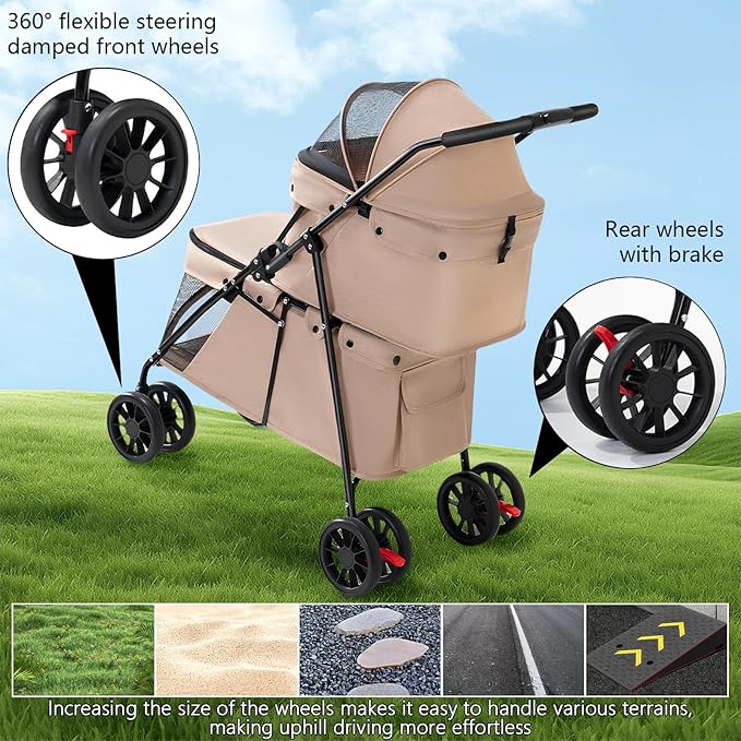 Double Pet Stroller for Medium Small Dogs and Cats with 2 Carriage, Durable Universal Wheels with Brakes Lightweight One Hand Foldale Kittens Puppies Travel Strolling Cart (Brown)