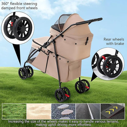 Double Pet Stroller for Medium Small Dogs and Cats with 2 Carriage, Durable Universal Wheels with Brakes Lightweight One Hand Foldale Kittens Puppies Travel Strolling Cart (Brown)