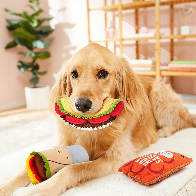 Prime Pets Plush Dog Toys Set, 3 Pack, Crinkle Squeaky Dog Toys, Food Shaped Pet Toy for Small Medium Large Dogs, Stuffed Puppy Chew Toy