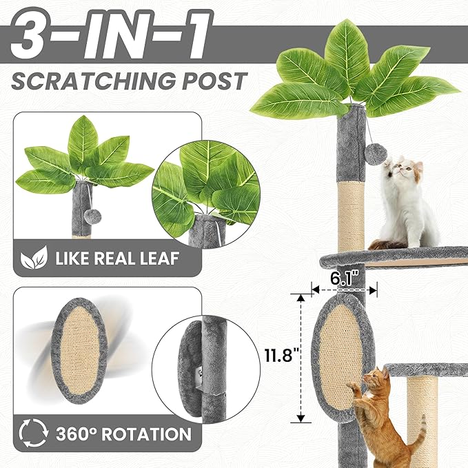 55 Inch Large Cat Tree Tower for Indoor Cats with Hammock Green Leaves Sisal Scratching Post, Plush Hang Ball Play Furniture for Kittens & Adult Cats,Grey