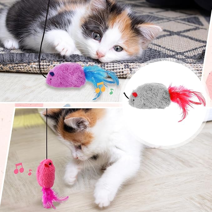 3Pcs Flying Mouse Cat Toys, Interactive Chirping Mouse Cats Feather Toys Hanging Cat String Toy for Bored Kittens Adult Multi Households