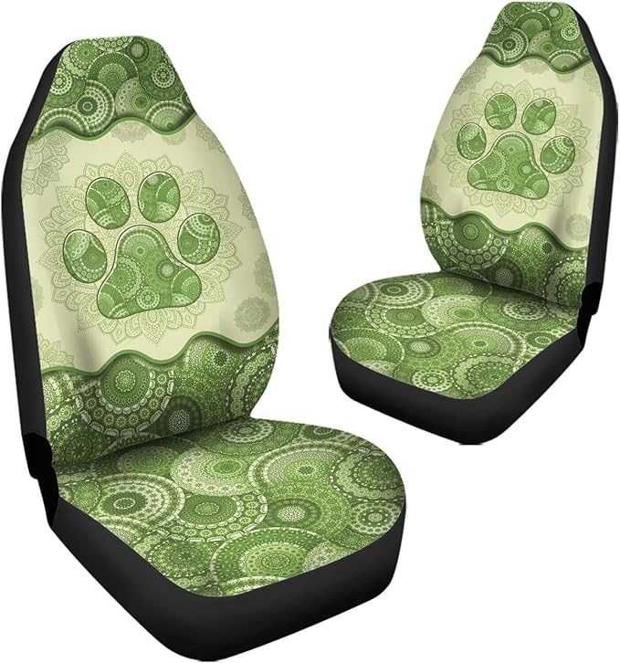 2pcs Waterproof Durable Car Seat Cover, Green Boho Dog Paw Mandala Printed Auto Front Seats Protector for Men Women Fit SUV Truck Sedans