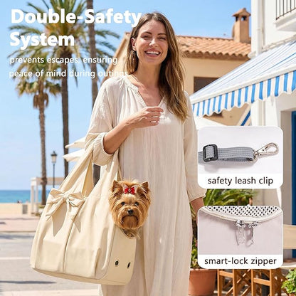 Dog Purse Carrier for Small Dogs, Soft Dog Tote Bag Carrier with 4 Large Pockets, No Collapse, Lightweight, Smart Zipper Lock, Comfortable Puppy Cats Rabbit Carrier for Travel,Outdoor(Beige)