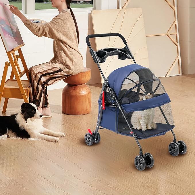 Foldable Pet Stroller w/Lockable Brakes,40lbs Capacity Ventilated Mesh Carrier Cart for Small Medium Dogs & Cats,Dog Stroller (Navy Blue)