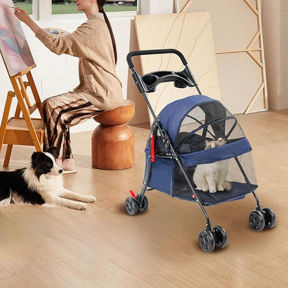 Foldable Pet Stroller w/Lockable Brakes,40lbs Capacity Ventilated Mesh Carrier Cart for Small Medium Dogs & Cats,Dog Stroller (Navy Blue)