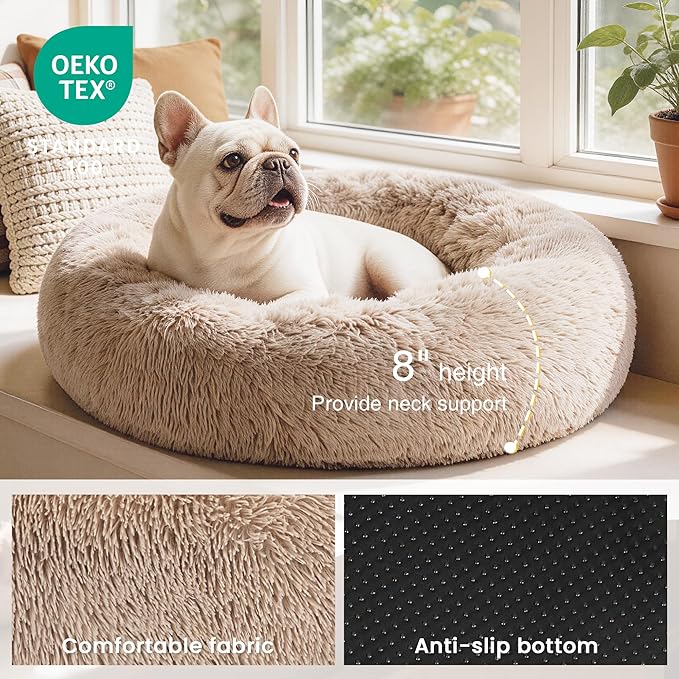 Love's cabin Calming Dog & Cat Bed, Cat Bed for Indoor Cats, Anti-Anxiety Donut Round Bed, Fluffy Warming Pet Bed for Small Medium Dogs and Cats, Beige Taupe 20"/24"