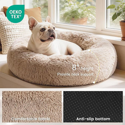 Love's cabin Calming Dog & Cat Bed, Cat Bed for Indoor Cats, Anti-Anxiety Donut Round Bed, Fluffy Warming Pet Bed for Small Medium Dogs and Cats, Beige Taupe 20"/24"