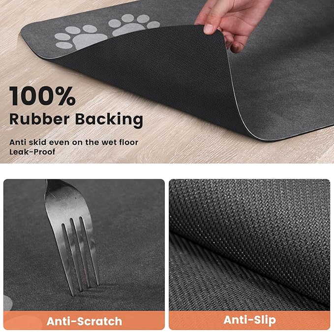 Pet Feeding Mat-Absorbent Pet Placemat for Food and Water Bowl, Dog Food Mat with Waterproof Rubber Backing, No Stains Quick Dry Water Dispenser Mat for Dog and Cat, Dark Gray-17"x27"