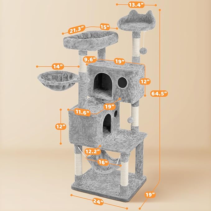 Yaheetech 64.5in Extra Large Multi-Level Cat Tree Kittens Play House Condo with Platform, Perch Hammock & Scratching Posts, Light Gray