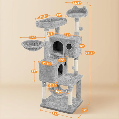 Yaheetech 64.5in Extra Large Multi-Level Cat Tree Kittens Play House Condo with Platform, Perch Hammock & Scratching Posts, Light Gray