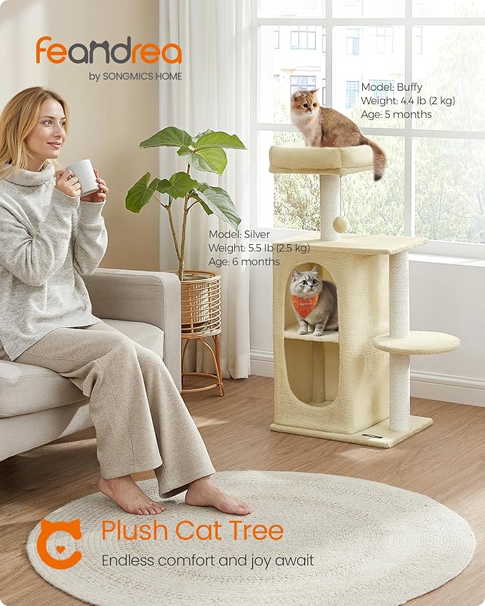 Feandrea Cat Tree, Small Cat Tower for Indoor Cats, Plush Cat Caves with Perch, Scratching Posts, for Small Spaces, Kittens, Sand Beige UPCT005Y01
