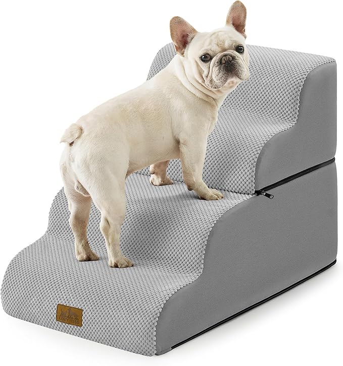 Detachable Curved Dog Stairs 19.7" H, 4 Step Small Dog Step for Puppy or Older Cat, Ramp for Bed, Sofa, Couch or Chair, Ladder with High Density Foam, 15.7x28.3x19.7 inch, Grey