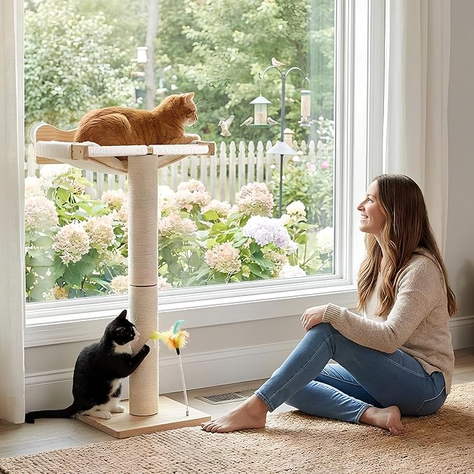 Cat Window Perch with Tall Scratching Post, 44" Adjustable Sisal Cat Tree, 33lbs Capacity Suction Cup Hammock for Indoor Cats Scratching & Watching Birds, Beige, with Detachable Cushion