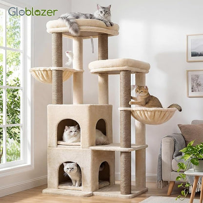 Globlazer Cat Tree Tower for Indoor Cats, Sturdy Adult Cat Tree House for Large Adult Cats with 2 Platform, 6 Cat Scratching Post, 2 Cat Caves, Dangling Toys, S63, 63 inch, Beige