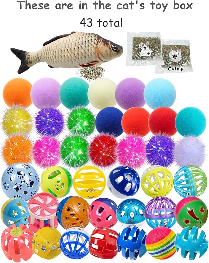 43 Pcs Cat Toys Set for Indoor Bored Kitten - Catnip Fish, Bell Balls, Plush Balls, Glow Balls & Extra Catnip Packs (1.5'' - 8.2'')