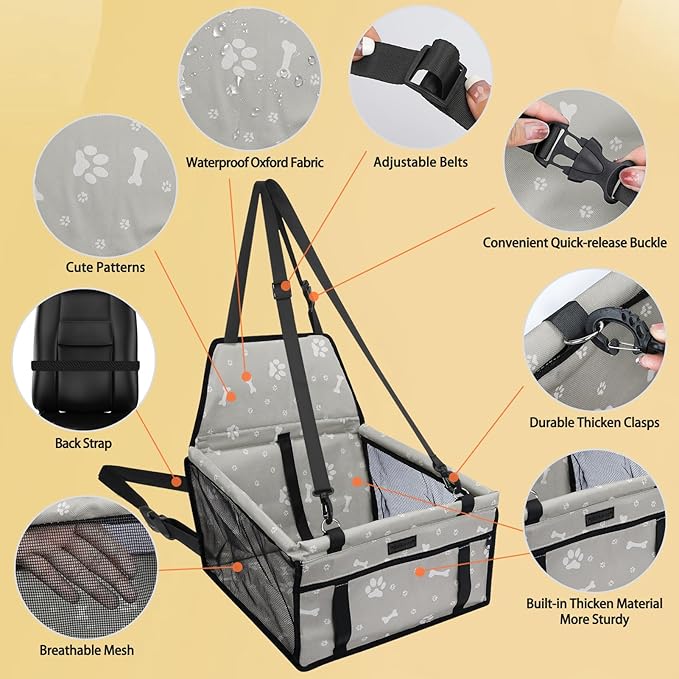 PetsHome Dog Car Seat Foldable Dog Car Booster Seat Waterproof Breathable Oxford Travel Bag for Small to Medium Dogs, Puppies, and Pets-Pattern Grey