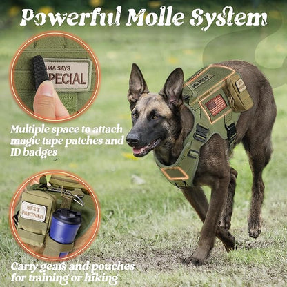 rabbitgoo Tactical Dog Harness for Large, Heavy Duty Pet Harness with Handle, No-Pull Service Vest Large Breed, Adjustable Military Dog Vest for Training Hunting Walking, Green, L