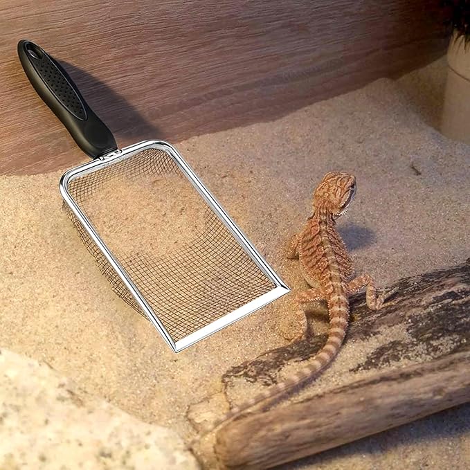 Stainless Steel Mesh Litter Shovel, Fine Mesh Metal Reptile Litter Cleaner Scooper, Black Non-Slip Handle Sifter for Lizard Substrate Reptile Terrarium Sand Waste