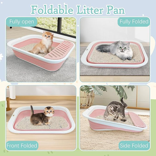 Fhiny Kitten Litter Box Portable Shallow Litter Box 17.7"x13.4"x4.9" Foldable Cat Toilet with Scoop Open Kitty Potty Pan with Litter Drop Pedal Easy to Clean Travel Kitten Toilet(Pink)