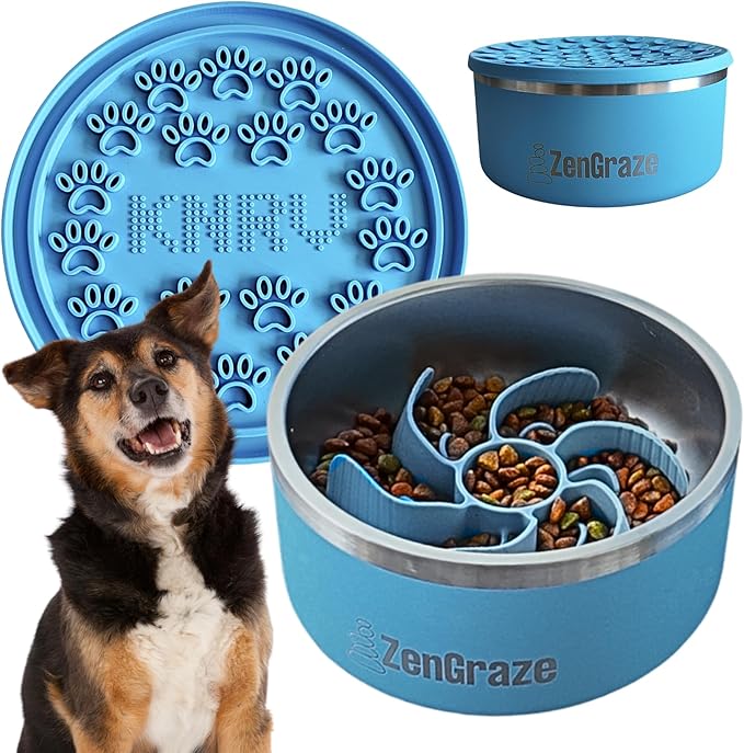 Stainless Steel Slow Feeder Dog Bowl for Large Dogs | 64 oz, Non-Slip Base with Textured Lick Mat Lid & Silicone Slow Feeder Insert – Deep Anti-Gulp Metal Puzzle Bowl for Large Breeds (Eli Blue)