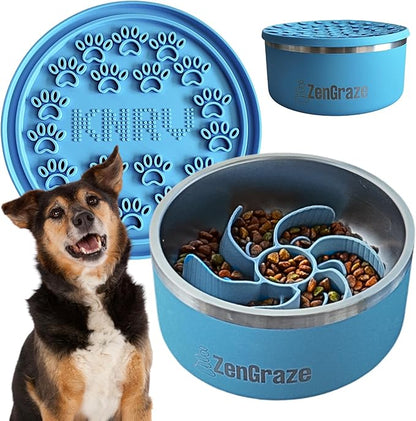 Stainless Steel Slow Feeder Dog Bowl for Large Dogs | 64 oz, Non-Slip Base with Textured Lick Mat Lid & Silicone Slow Feeder Insert – Deep Anti-Gulp Metal Puzzle Bowl for Large Breeds (Eli Blue)