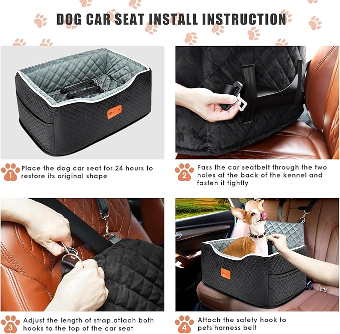AlfaTok Memory Foam Booster Dog Car Seat for Medium Dogs (Under 45LBS): Elevated, Detachable Washable, Anti-Slip, for Car Back Seat, Travel Pet Bed with Seat Belt