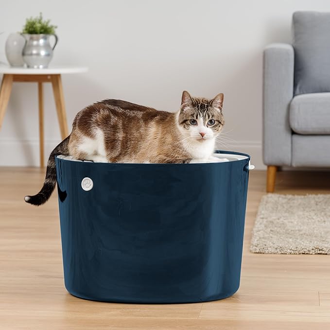 IRIS USA Large Top Entry Cat Litter Box Made in USA, Covered Enclosed Design with Lid, Litter Catching Grooved Top, Scatter Shield, Dog Proof, Scoop Included, Odor Control, Navy/White