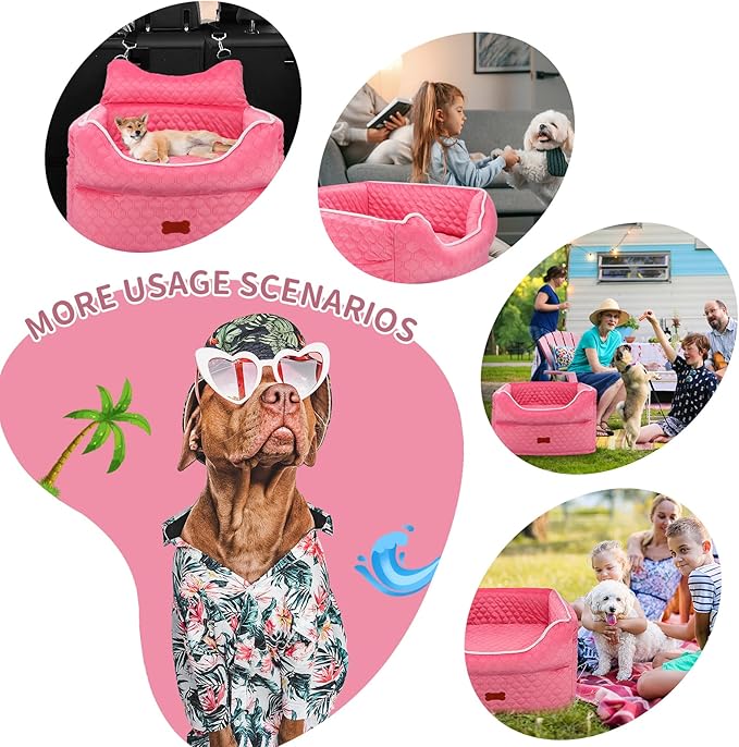 Dog Car Seat - Memory Foam Dog Booster Seat for Small Dogs Up to 25lbs-Elevated Pet Car Seat with Storage Pockets and Dog Seat Belt-Soft Pet Travel Bed for Front & Back Seats-Removable Washable-Pink