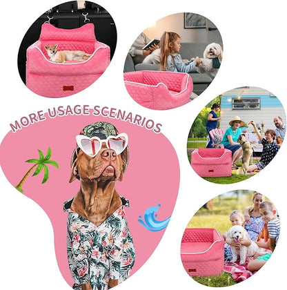 Dog Car Seat - Memory Foam Dog Booster Seat for Small Dogs Up to 25lbs-Elevated Pet Car Seat with Storage Pockets and Dog Seat Belt-Soft Pet Travel Bed for Front & Back Seats-Removable Washable-Pink
