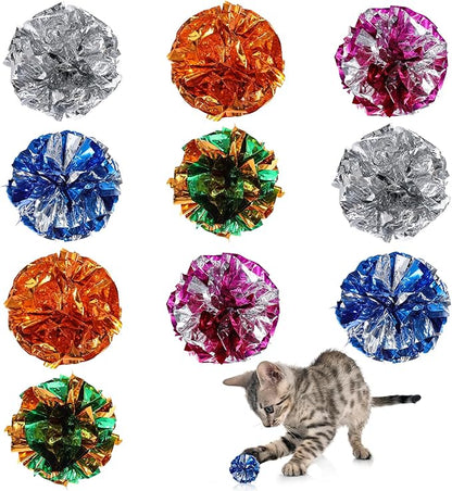 Cat Crinkle Toys, 10 PCS Crinkle Balls for Cats 1.8'' Cat Ball Toy Shiny Ball Lightweight Mylar Pet Pounce Chase Toys Assorted Color Interactive Toy for Indoor Cats to Kill Time and Keep Fit