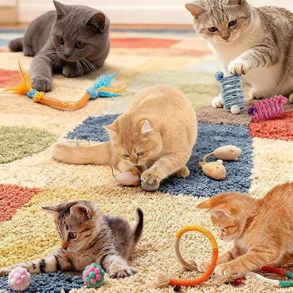 11-Piece Interactive Cat Toys for Indoor Cats, 2 Bendable Rope Toys, 4 Mice, 2 Springs, 2 Bell Balls & Feather Teaser - Kitten Chew Toys and Cat Supplies