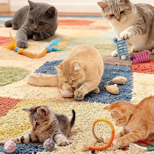 11-Piece Interactive Cat Toys for Indoor Cats, 2 Bendable Rope Toys, 4 Mice, 2 Springs, 2 Bell Balls & Feather Teaser - Kitten Chew Toys and Cat Supplies