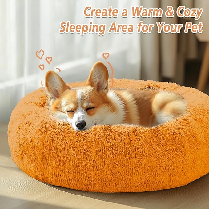 JOLLYVOGUE Calming Dog Beds Large Sized Dog, 36in Donut Washable Large Pet Bed, Anti-Slip & Anti-Anxiety Fluffy Faux Fur Round Dogs Bed, Fits up to 80 lbs Pets (Orange)