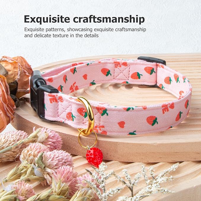 Cotton Handmade Dog Collar Cute and Distinctive Patterns Pink Strawberries with Pendant for Girl Boy Dogs Collars M