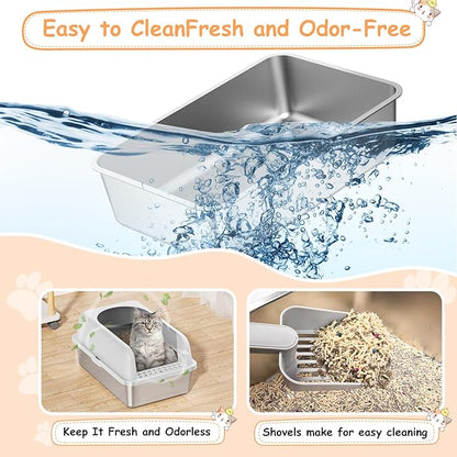 2 Pack Stainless Steel Litter Box, 24'' XL Extra Large Cat Litter Box with Lid, Metal Litter Boxes for Multiple Cats, Anti-Leakage,Non-Stick, Easy to Clean, Included Cat Litter Mat, Scoop