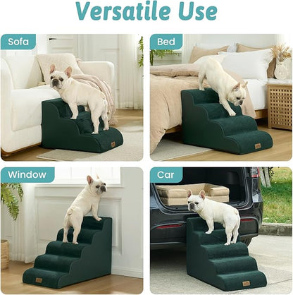 Wide Dog Stairs for Small Dog 22.6" H, Curved Pet Step for Puppy, Older Cat, Curved Ramp for High Bed or Car, Ladder with High Density Foam, Durable, 5 Step, 17.7x33x22.6 inch, Dark Green
