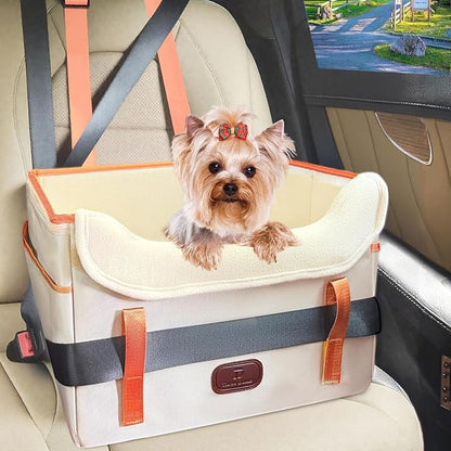 Dog Car Seat for Small Dogs, Fuzzy Dog Car Seat Stable, Waterproof, Foldable with Clip-On Safety Leash, Pet Booster Seat Suitable for Front and Rear Seats (Khaki1-25lbs)