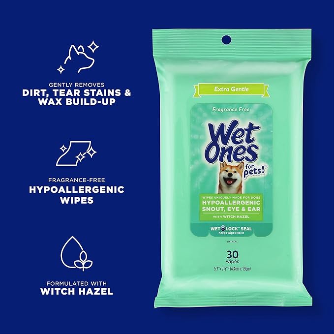 Wet Ones for Pets Extra Gentle Dog Wipes with Witch Hazel for Snout, Eye, Ear - Fragrance-Free Wipes for Dogs with Wet Lock Seal, 30 Count - 24 Pack